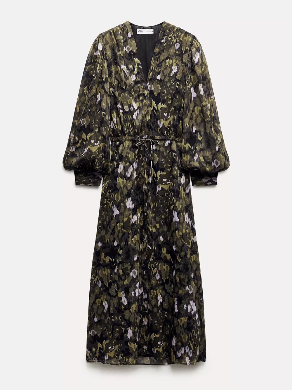 Zara Olive and Black Printed V-Neck Midi Dress